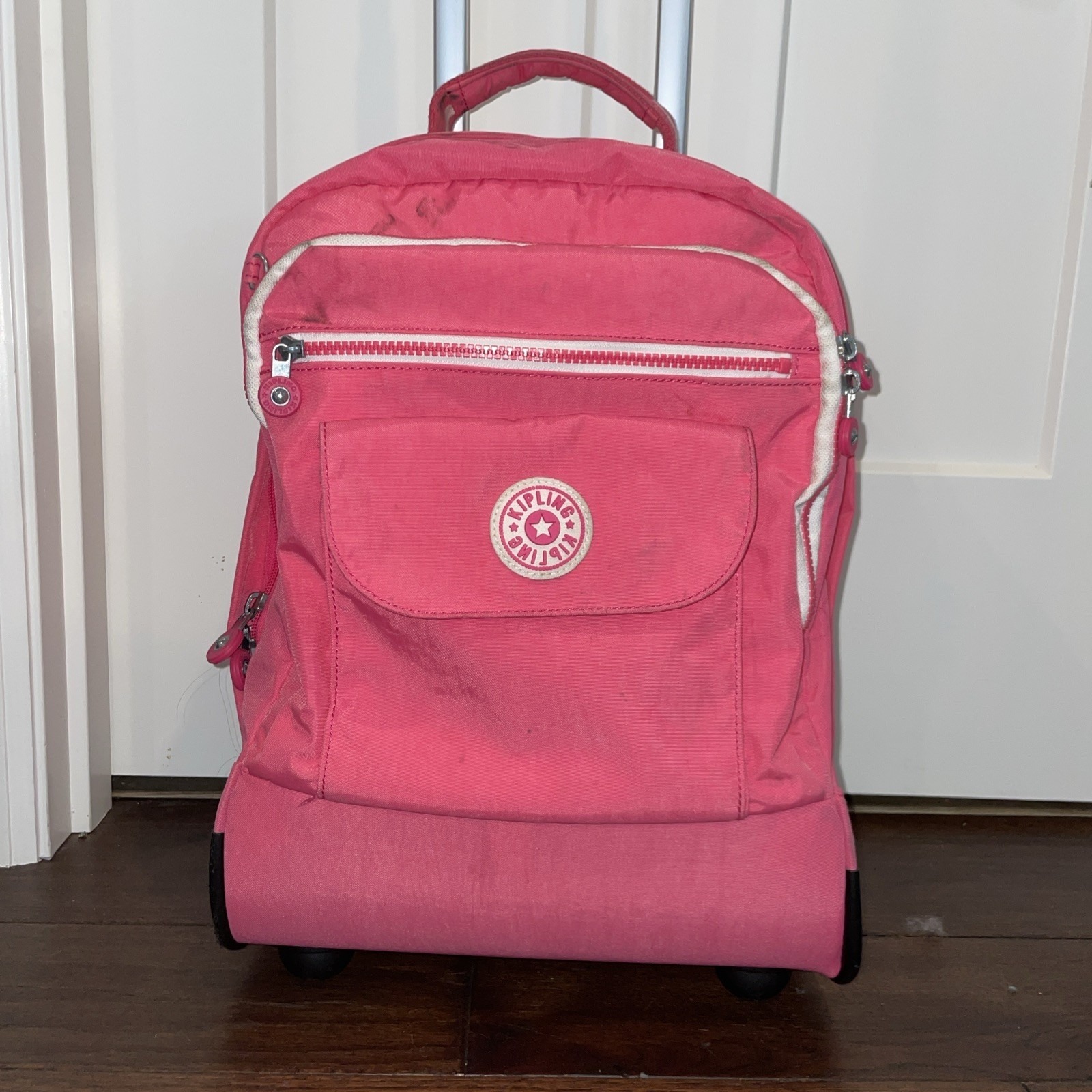 Kipling Sanaa Rolling Backpack Bright Pink Print Telescope Handle